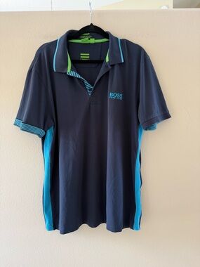 BOSS Hugo Boss Moisture Manager  Navy Polo with Aqua Panels and Lime Trim